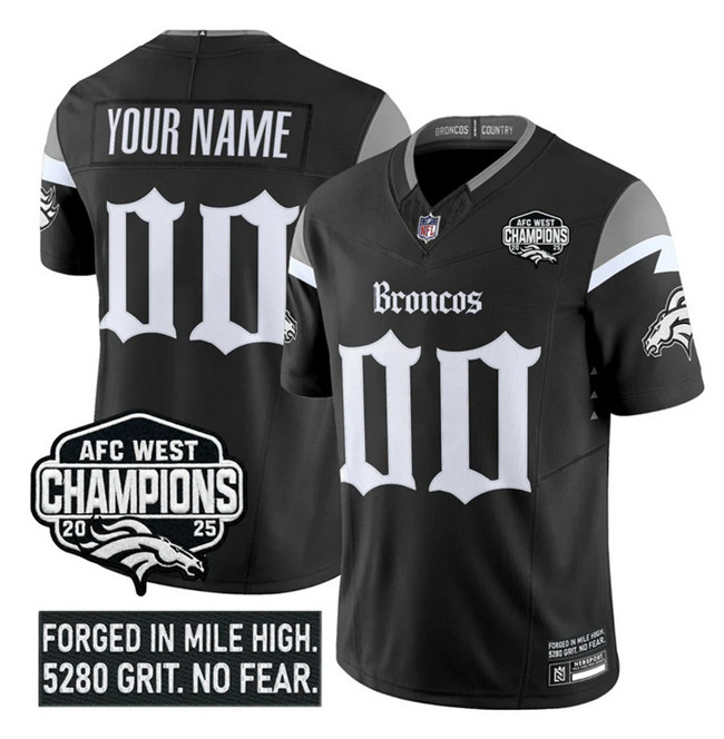 Men's Denver Broncos Active Player Custom Black F.U.S.E 2025 Afc West Champions Patch ‘Gothic Mile High Shadows Edition’ Vapor Limited Stitched Football Jersey